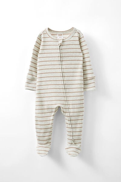 Organic Pointelle Zip Romper, OATMEAL MARLE/TAUPY BROWN STRIPE