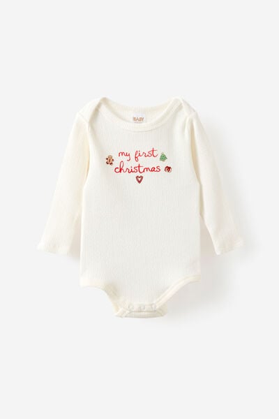 Organic Pointelle Long Sleeve Bubbysuit, MILK/MY FIRST CHRISTMAS