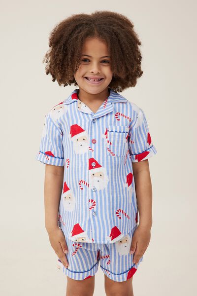Riley Kids Unisex Short Sleeve Pyjama Set, DUSK BLUE/SANTA CANDY STRIPE