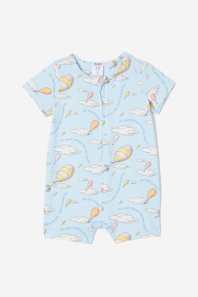 Dr Suess The Billie Short Sleeve Zip Romper, LCN DRS FROSTY BLUE/OH THE PLACES