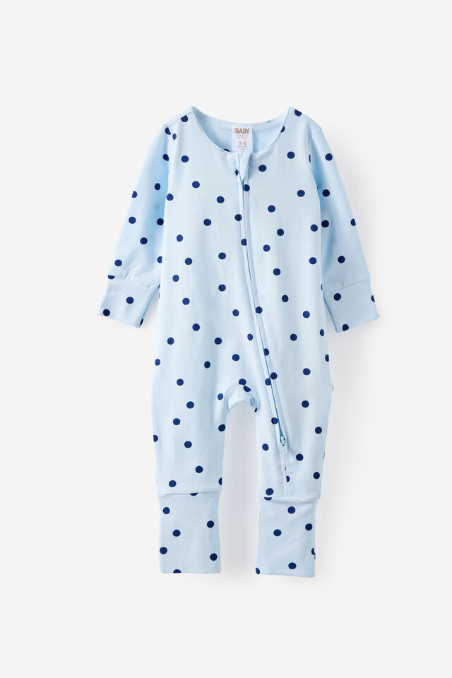 Growie Long Sleeve Zip All In One Romper, BLUE WHISPER/POLKA DOT