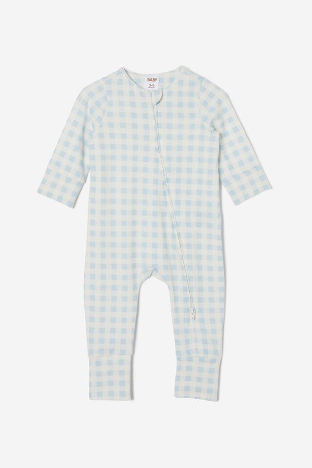 Macacão - The Long Sleeve Zip Footless Romper, FROSTY BLUE/GINGHAM