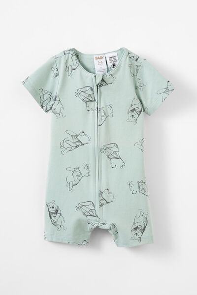 The Short Sleeve Zip Romper License, LCN DIS STONE GREEN/SKETCHY WINNIE THE POOH