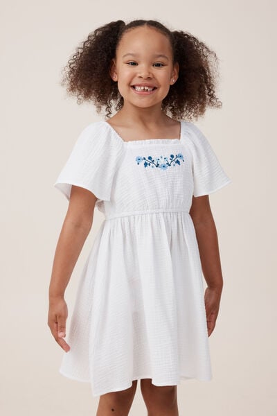 Paige Short Sleeve Dress, VANILLA/FLORAL EMBROIDERY