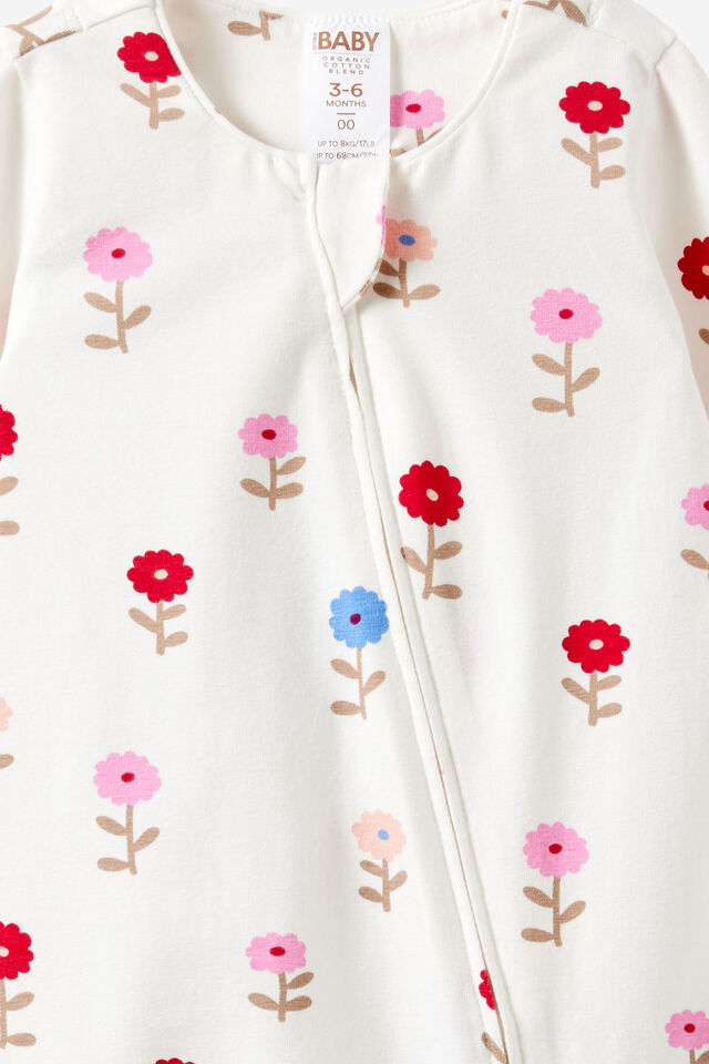Growie Long Sleeve Zip All In One Romper, VANILLA/SWEET BLOOMS