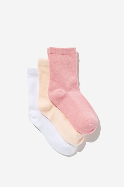 Kids 3Pk Crew Socks, WHITE/CRYSTAL PINK/MARSHMALLOW