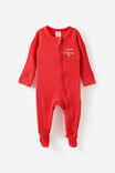 Littlie Organic Long Sleeve Zip All In One Romper, VARSITY RED MARLE/MY FIRST CHRISTMAS - example image 1