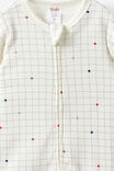 Littlie Organic Short Sleeve Zip All In One Romper, MILK/SPOT GRID - example image 2