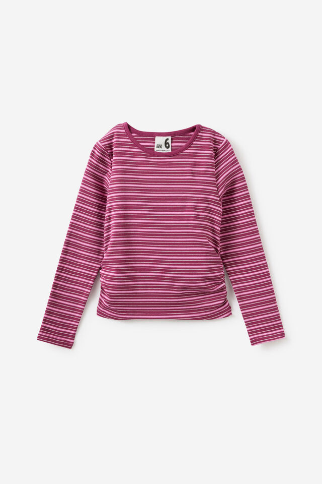 Fitted Long Sleeve Essential Gathered Top, BERRY JAM/PINK MILK/BALLET PINK STRIPE