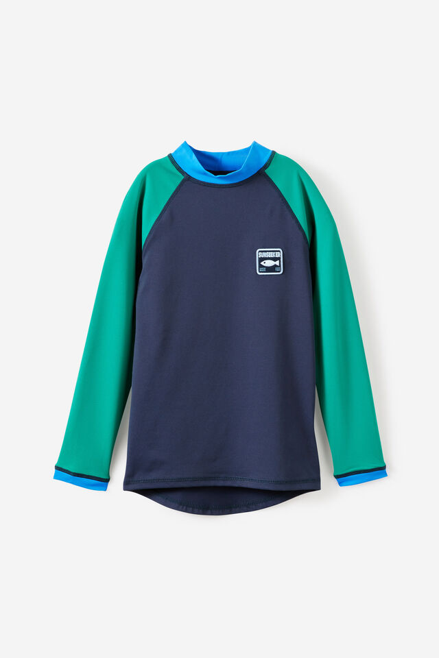 Flynn Long Sleeve Raglan Rash Vest, ENGLISH IVY/HARBOUR BLUE/SQUID INK