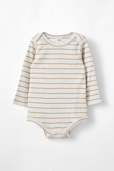 Organic Pointelle Long Sleeve Bubbysuit, OATMEAL MARLE/TAUPY BROWN STRIPE