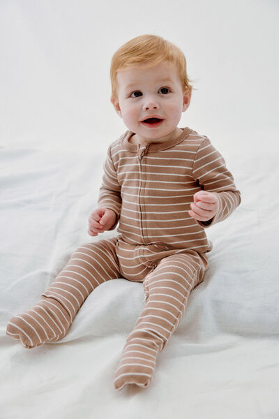 The Long Sleeve Rib Romper, OATMILK/VANILLA RILEY STRIPE