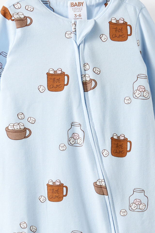 Growie Long Sleeve Zip All In One Romper, BLUE WHISPER/TOASTY MARSHMALLOWS