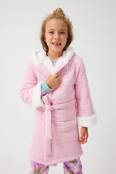 Girls Hooded Long Sleeve Quilted Gown Personalised, MARSHMALLOW PINK/VANILLA CONTRAST