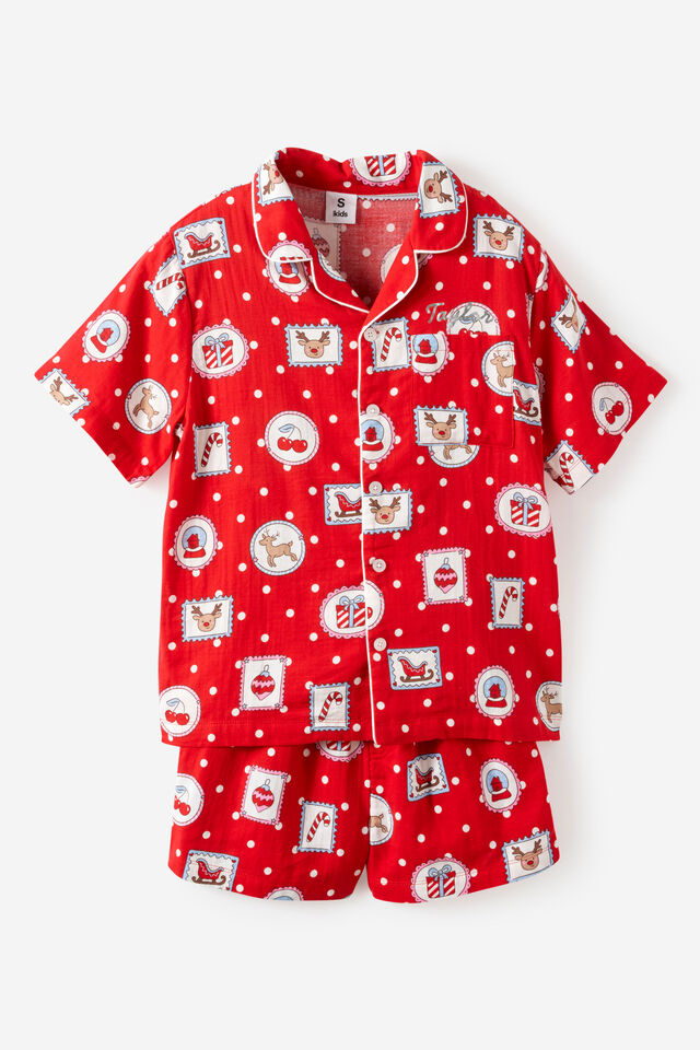 Adult Woven Family Xmas Pj Set Personalised, VARSITY RED/RUDOLPH SPOT