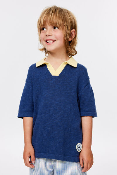 Oversized Colour Block Knit Polo, DENIM NAVY/BABY YELLOW