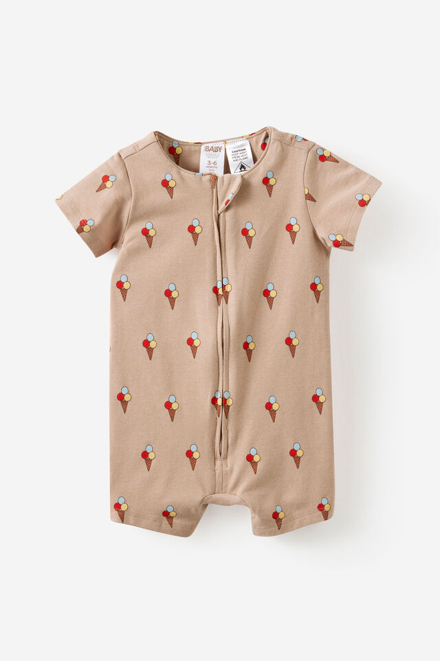 Growie Short Sleeve Zip Romper, LATTE CREAM/SUMMER GELATO