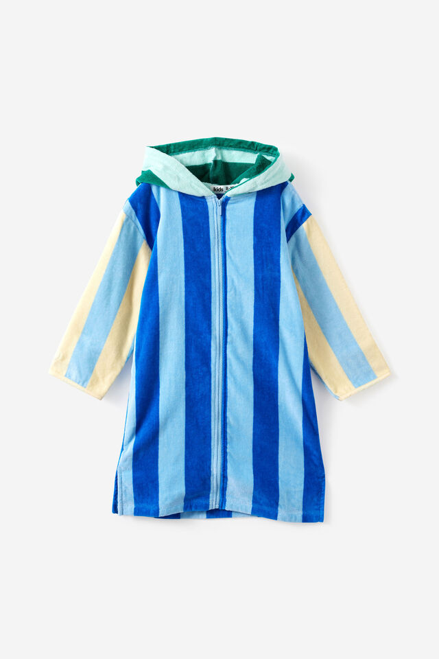 Kids Zip Thru Hooded Towel, HARBOUR BLUE/CONTRAST STRIPES