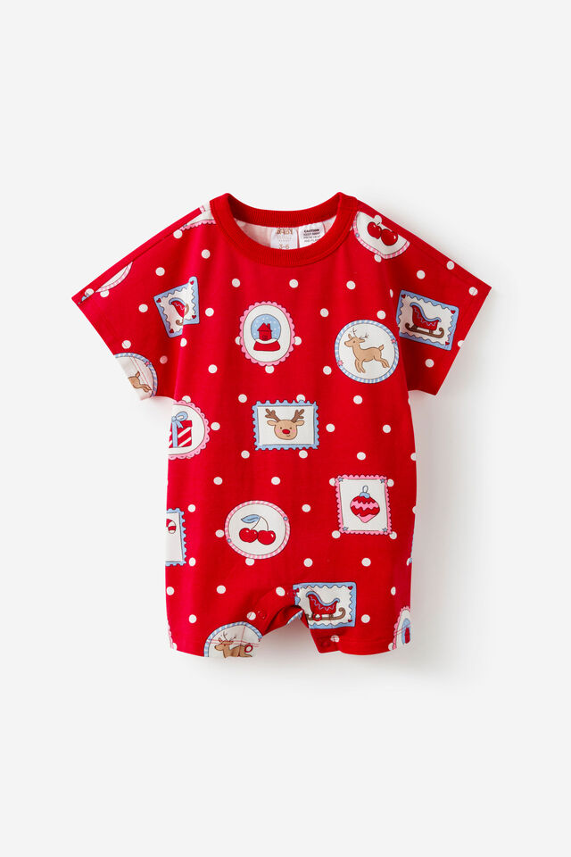 Baby Dreamdrift Family Xmas Romper Personalised, VARSITY RED/RUDOLPH SPOT