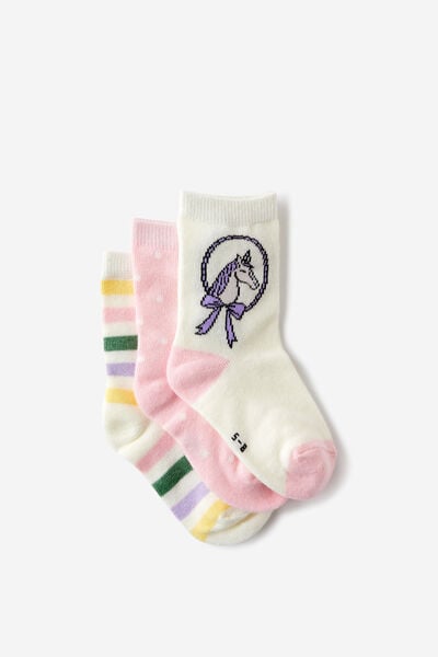 Kids 3Pk Crew Socks, VANILLA NEP/BLUSH PINK RAINBOW/STRIPE