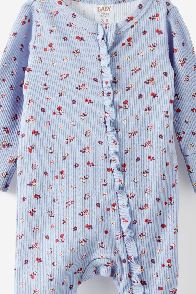 Littlie Organic Long Sleeve Zip Romper, BLUEBELL/LITTLE BLOSSOM