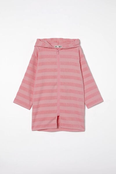 Kids Zip Thru Hooded Towel, BUBBLEGUM POP/JACQUARD STRIPE