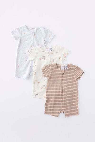 The 3Pk Short Sleeve Zip Romper, VANILLA-OATMILK/LOVE BUG