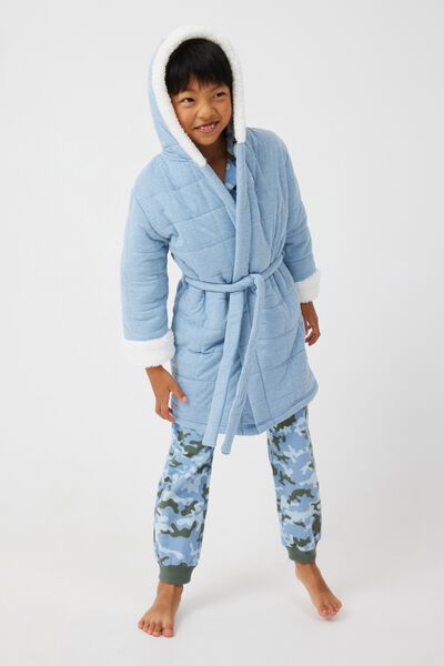 Boys Hooded Long Sleeve Quilted Gown, DUSTY BLUE/VANILLA CONTRAST