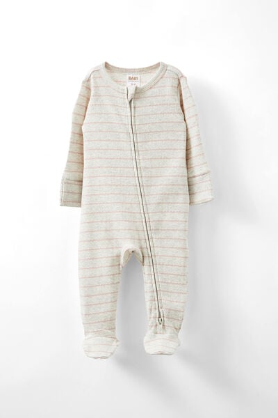 Organic Pointelle Zip All In One Romper, OATMEAL MARLE/ZEPHYR STRIPE