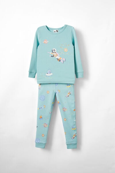 Milo Long Sleeve Pyjama Set, BARBER BLUE/DINO SPACE GLOW