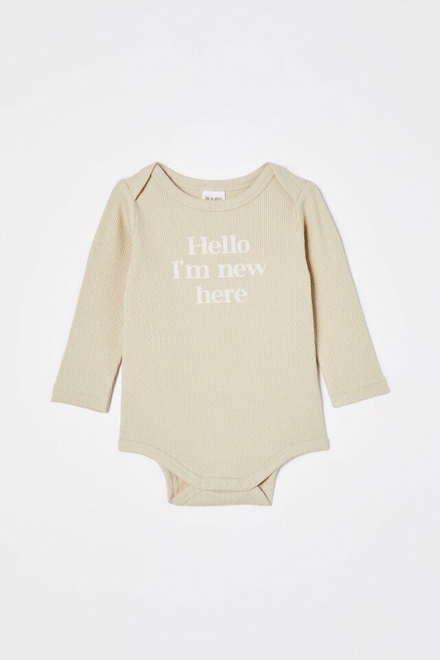 Organic Newborn Pointelle Long Sleeve Bubbysuit, RAINY DAY/I M NEW HERE