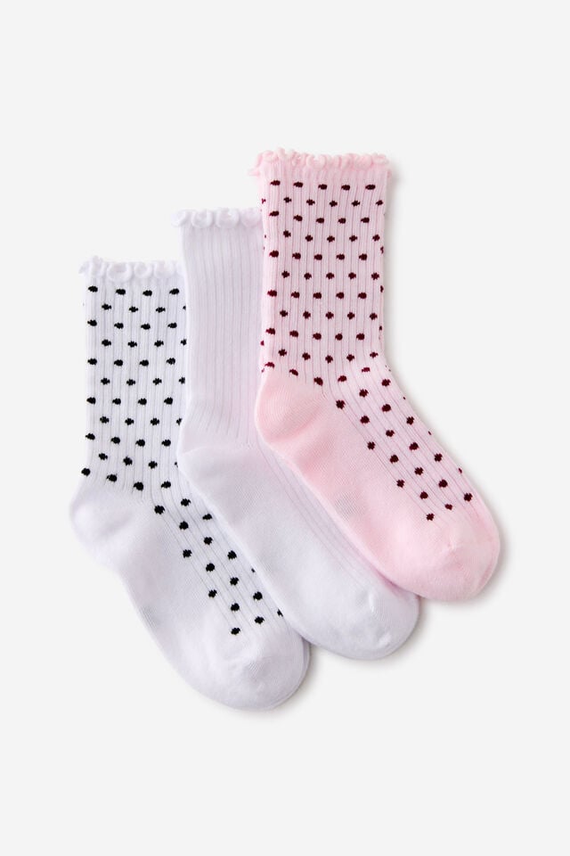 Kids 3Pk Crew Socks, TEA PARTY PINK/WHITE/SPOTS