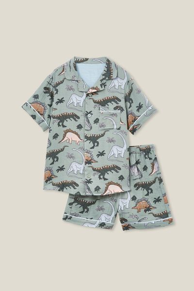 Archer Short Sleeve Pyjama Set, DEEP SAGE/DINOS