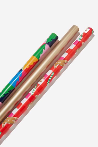 Kids Gift Wrap 3 Pack, GINGERBREAD CHECK/GEO TREES