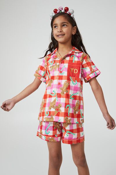 Riley Short Sleeve Pyjama Set Personalised, VANILLA/GINGERBREAD CHECK