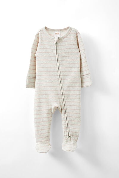 Organic Pointelle Zip Romper, OATMEAL MARLE/ZEPHYR STRIPE