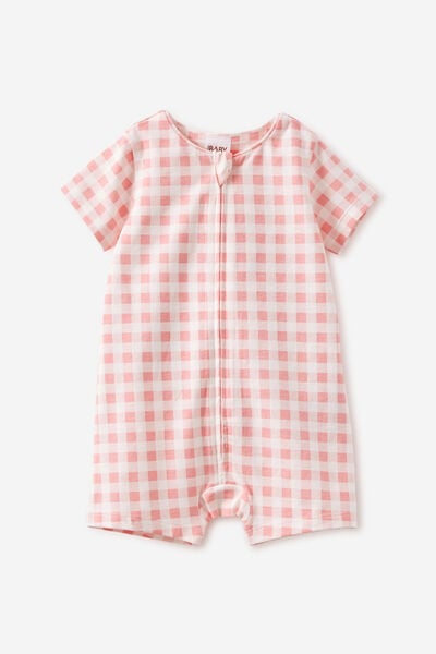 The Billie Short Sleeve Zip Romper, CORAL DREAMS/GINGHAM