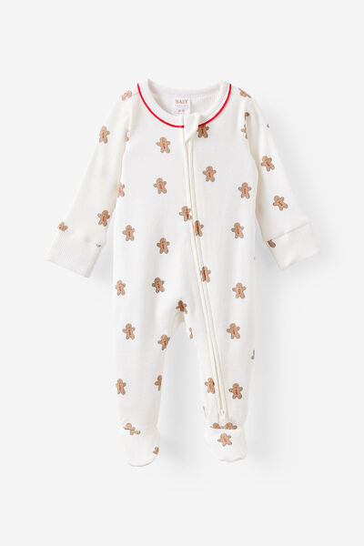 Littlie Organic Long Sleeve Zip All In One Romper, MILK/XMAS GINGERBREAD MAN