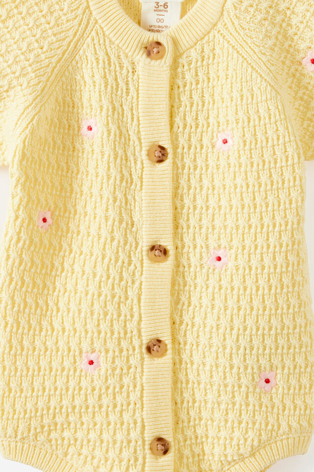 Baby Organic Raglan Knit Bubbysuit, LEMON SQUASH/DAISIES