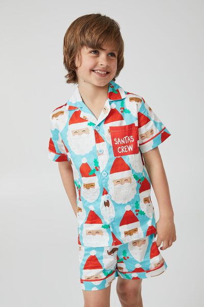 Riley Kids Unisex Short Sleeve Pyjama Set, HEAVEN BLUE/SANTA S CREW