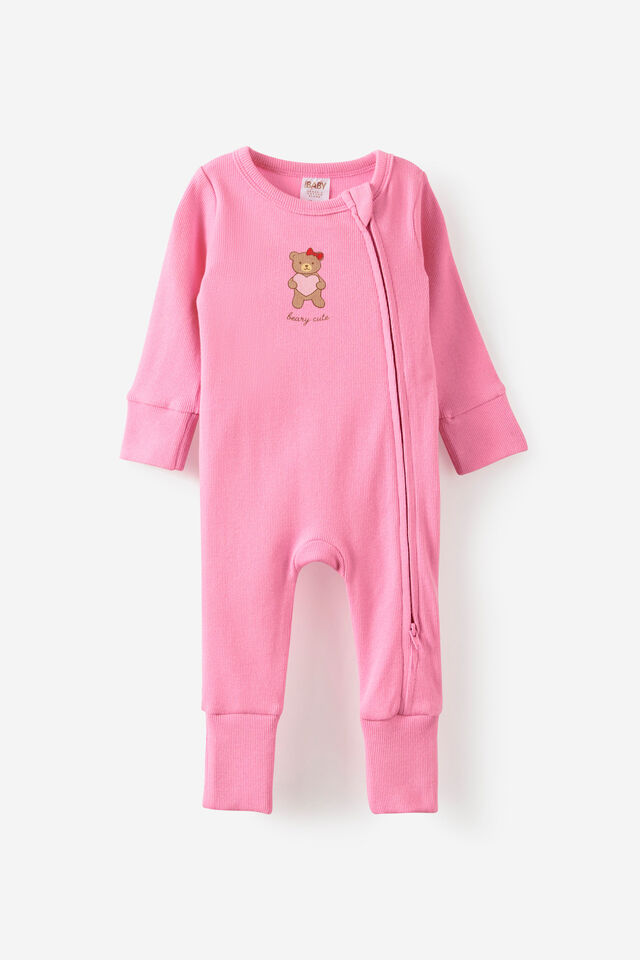 Growie Long Sleeve Zip All In One Romper, STRAWBERRY MILK/BEARY CUTE