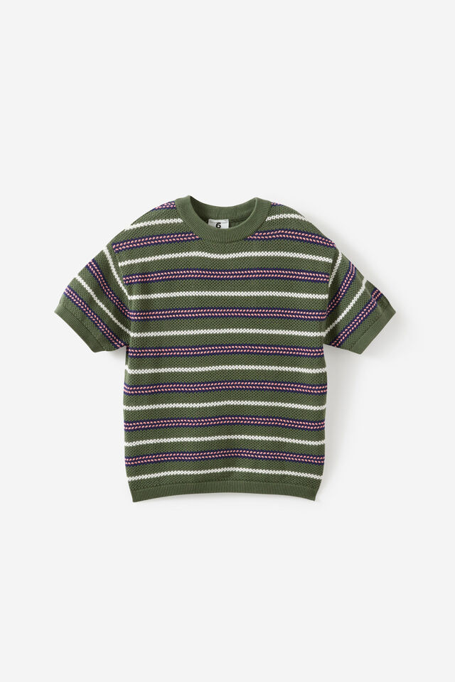 Oversized Knit Tshirt, KHAKI GREEN/SUNKISSED STRIPE