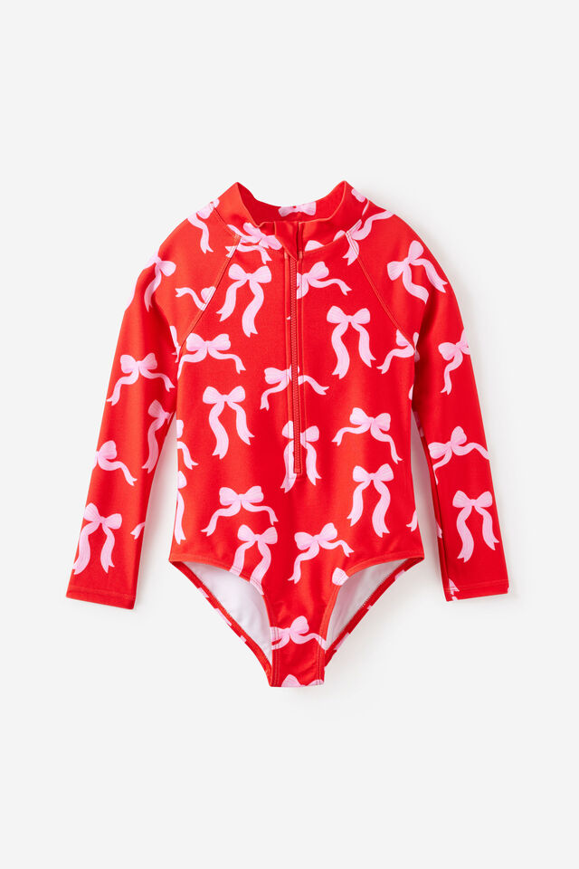 Long Sleeve One Piece Swimsuit, POP RED/BOWS