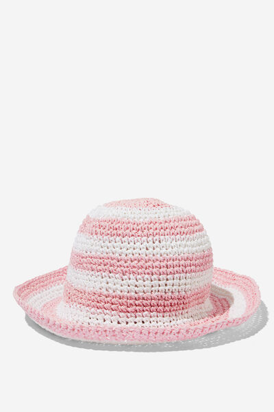 Kids Crochet Bucket Hat, BLUSH PINK/WHITE STRIPE