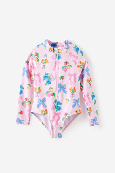 Long Sleeve One Piece Swimsuit, BALLET PINK/BOWS