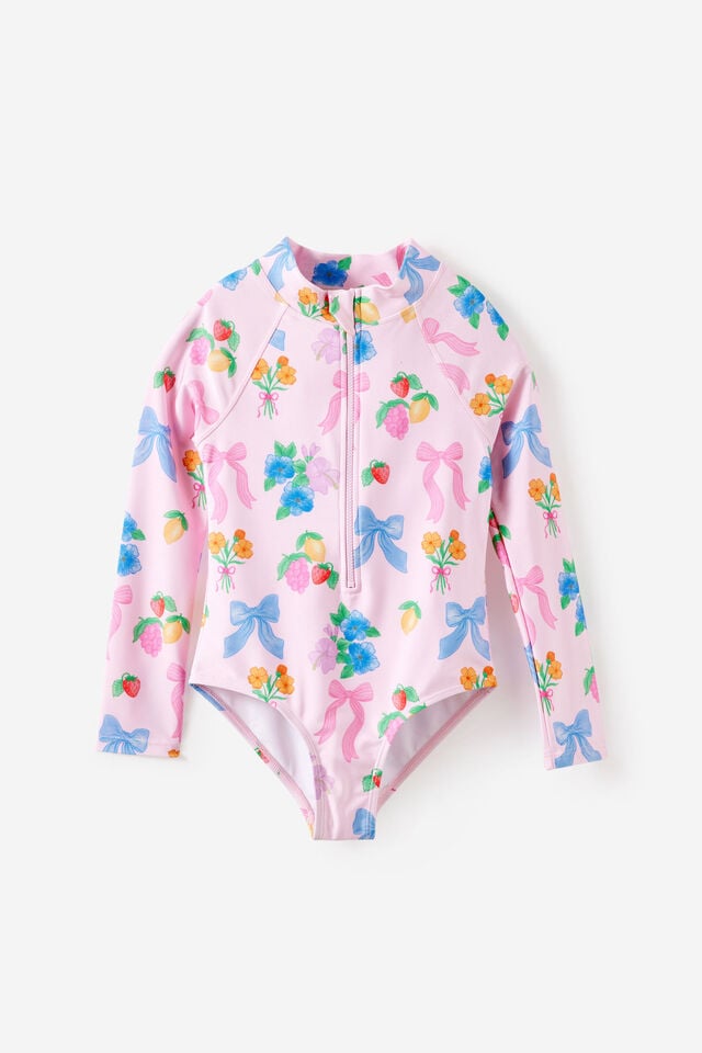 Long Sleeve One Piece Swimsuit, BALLET PINK/BOWS