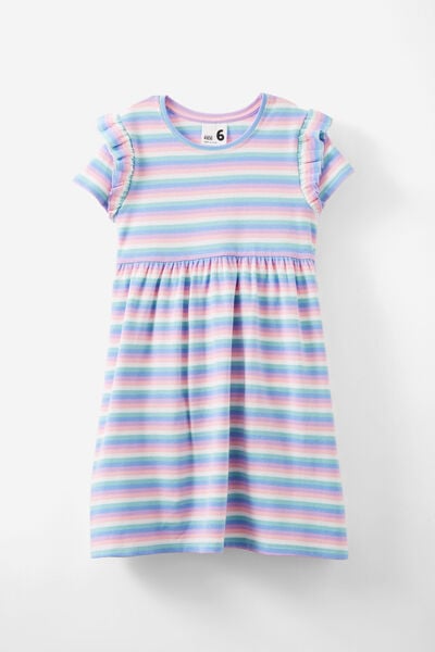 Indie Ruffle Short Sleeve Dress, RAINBOW SKY STRIPE RIB