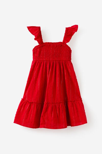Gigi Flutter Sleeve Dress, VARSITY RED/SILVER LUREX