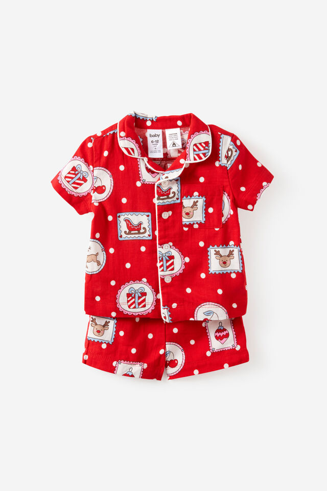 Baby Woven Family Xmas Pj Set, VARSITY RED/RUDOLPH SPOT