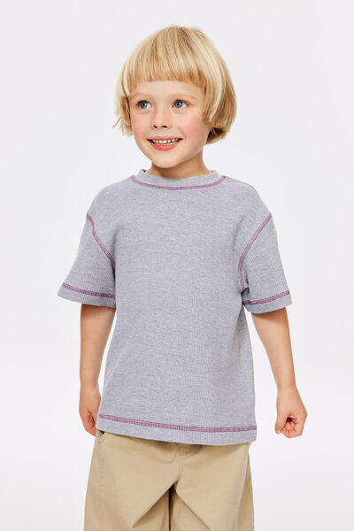 Waffle Stitch Ss Tee, GREY MARLE/BERRY JAM